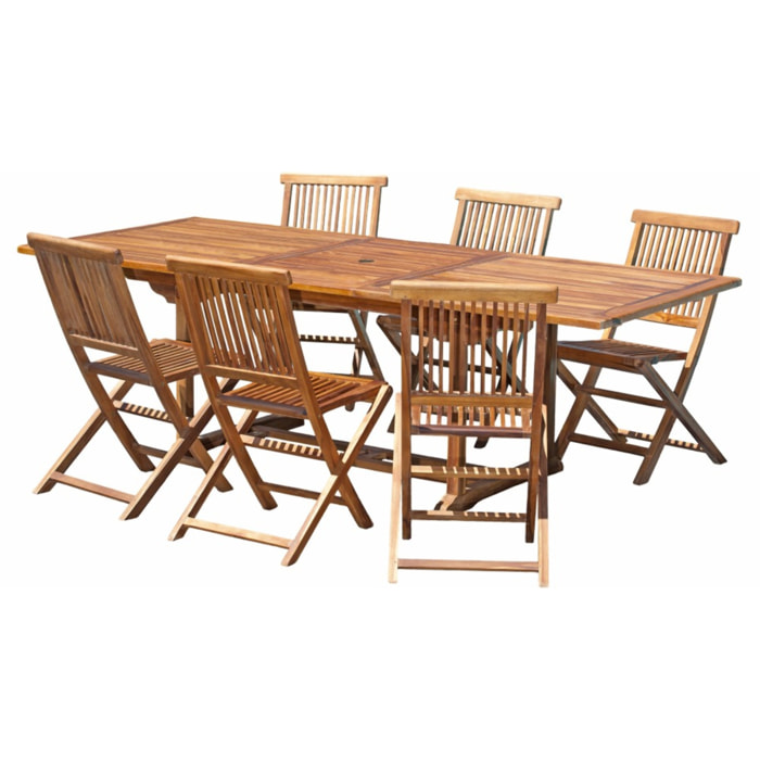 MAEVA - SALON DE JARDIN EN BOIS TECK HUILE 4/6 pers : 1 Table rectangulaire extensible 120*180/90 cm et 6 chaises