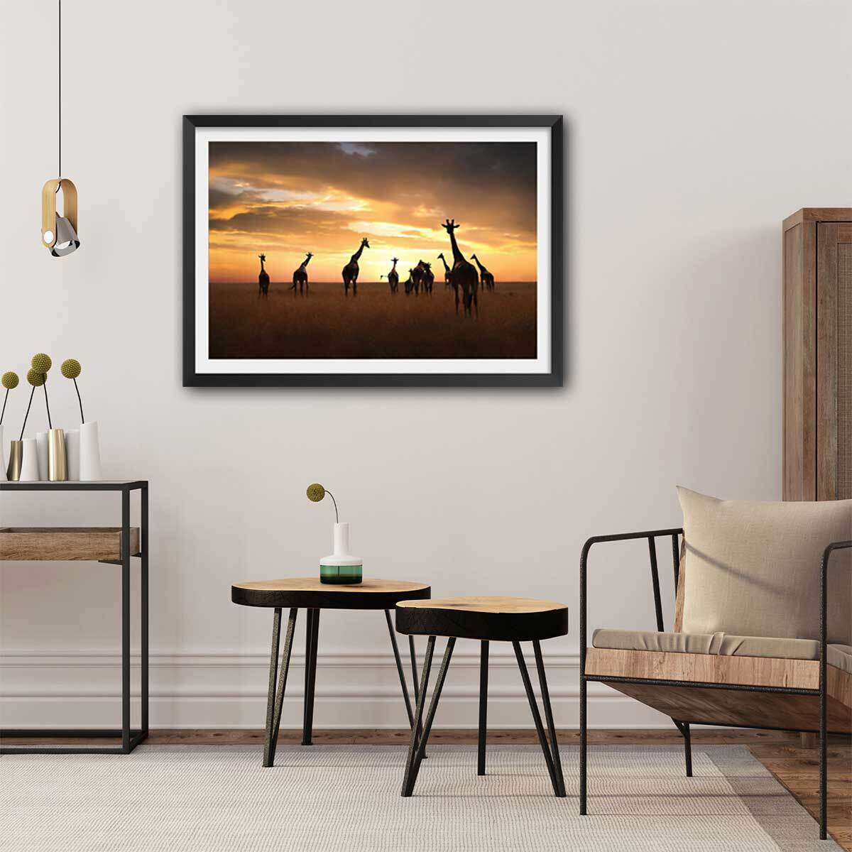 Affiche animaux girafes family Affiche + cadre en bois - Noir