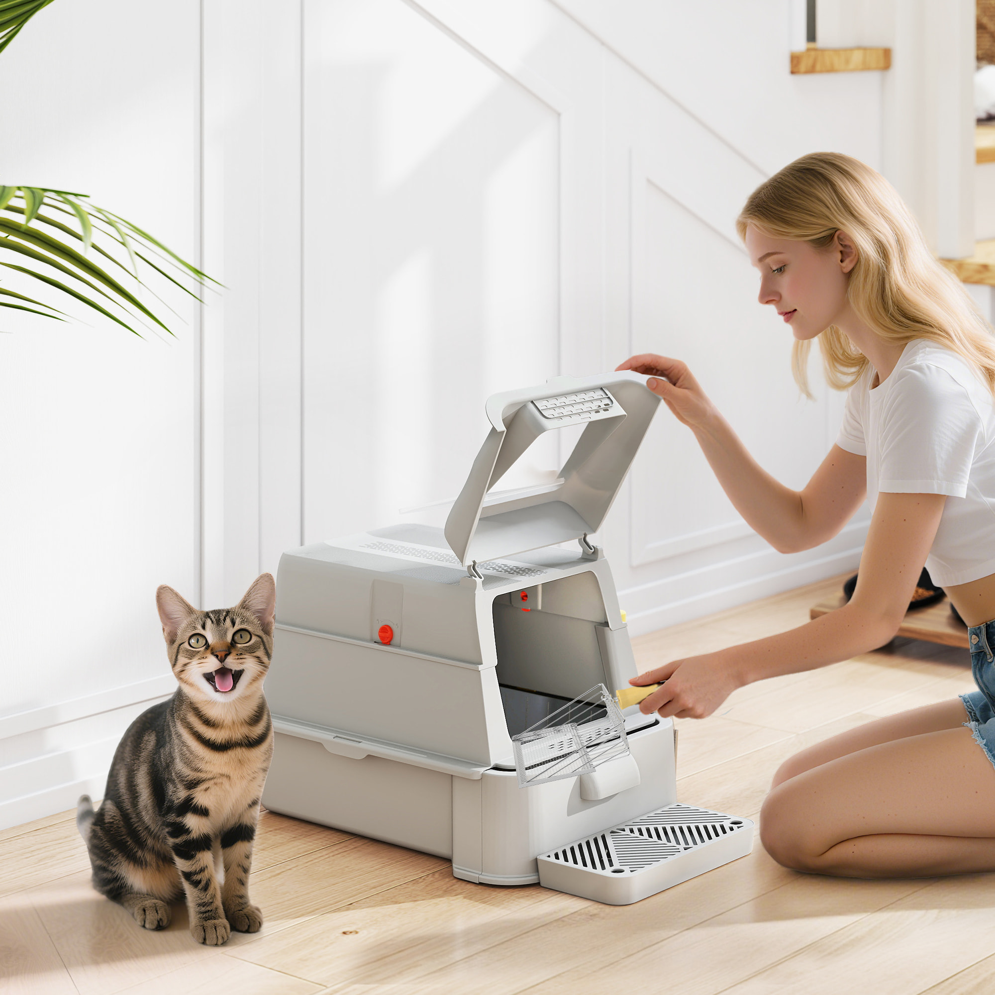 Arenero para Gatos de Acero Inoxidable XL, Caja de Arena para Gatos, Arenero con Tapa Abatible 180°, Laterales Altos, Pedal, Pala, sin Olores, Fácil de Limpiar, Antifugas, Gris Claro