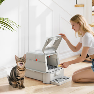 Arenero para Gatos de Acero Inoxidable XL, Caja de Arena para Gatos, Arenero con Tapa Abatible 180°, Laterales Altos, Pedal, Pala, sin Olores, Fácil de Limpiar, Antifugas, Gris Claro