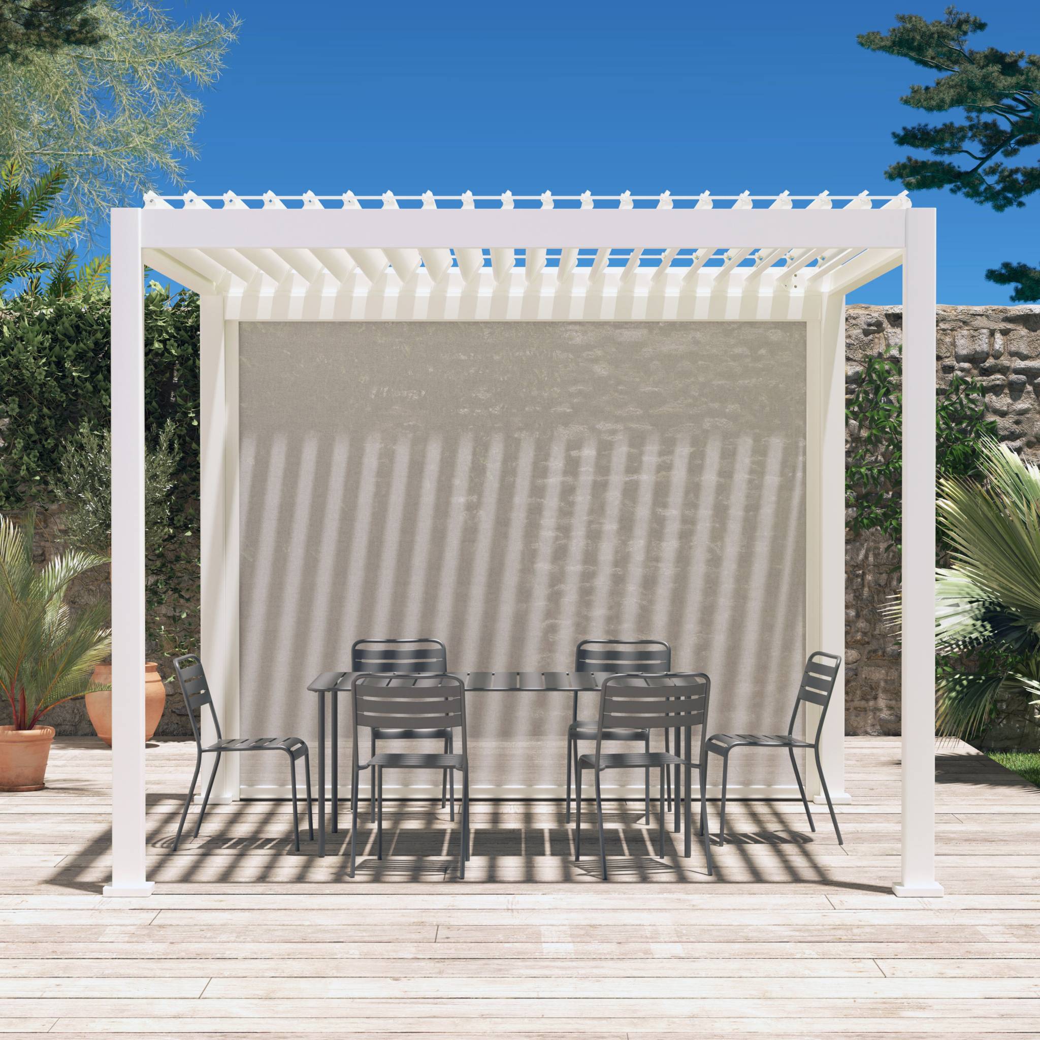 Store blanc pour pergola bioclimatique – Triomphe – 3m. aluminium et textilène