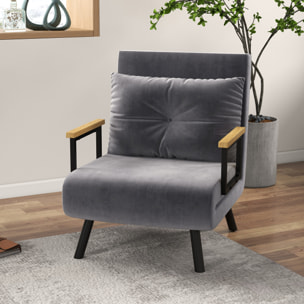Fauteuil convertible 3 en 1 chauffeuse lit dossier réglable coussin accoudoirs bois velours anthracite