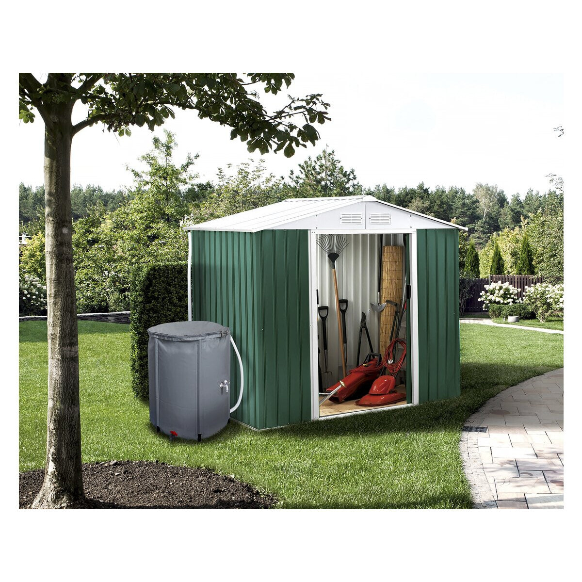 Abri de jardin métal - "Rosas " - 4,07 m² avec récupérateur d'eau et gouttière - Vert