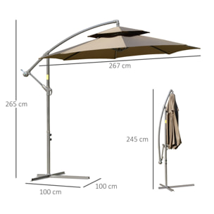 Parasol déporté octogonal inclinable manivelle Ø 2,65 x 2,45H m acier époxy polyester marron