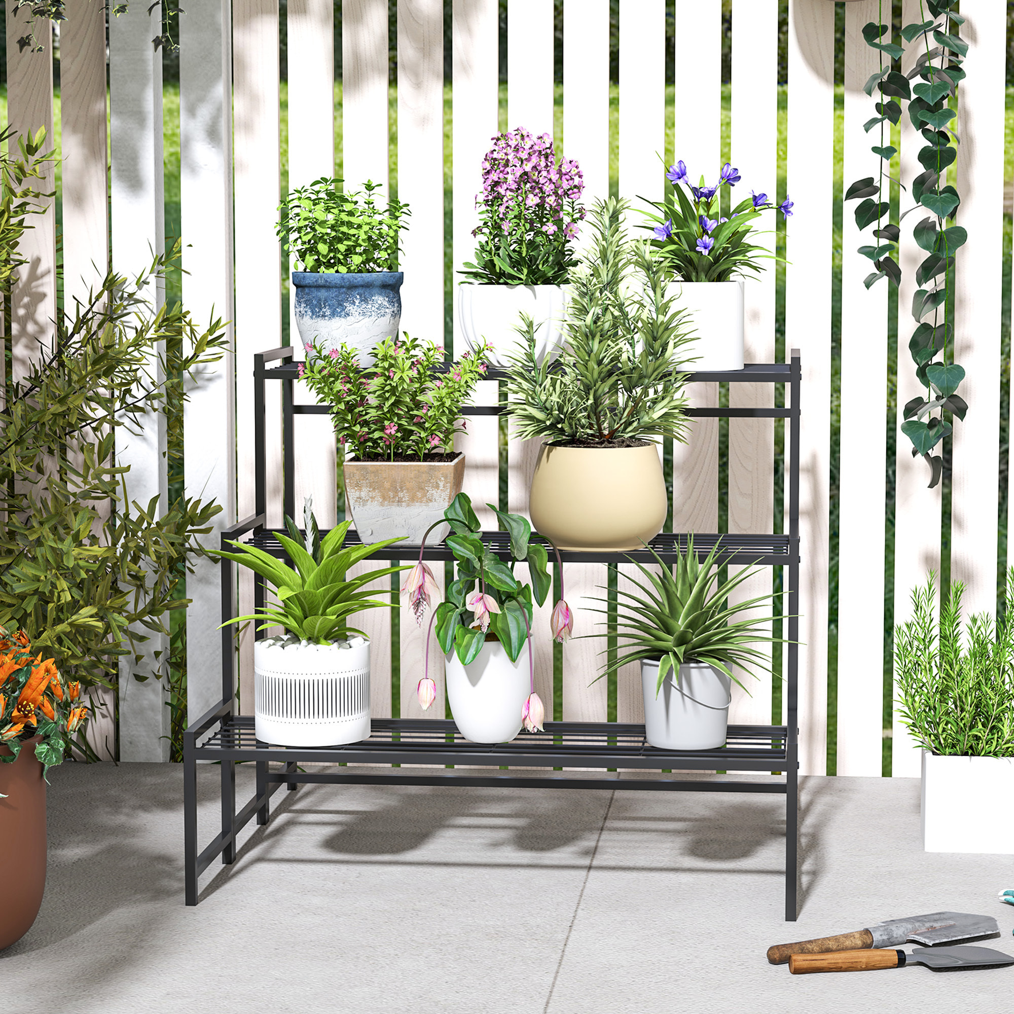 Soporte para Plantas de 3 Niveles Estantería para Plantas para Esquina Diseño en Escalera Soporte para Macetas Interior y Exterior 75x70x66 cm Negro