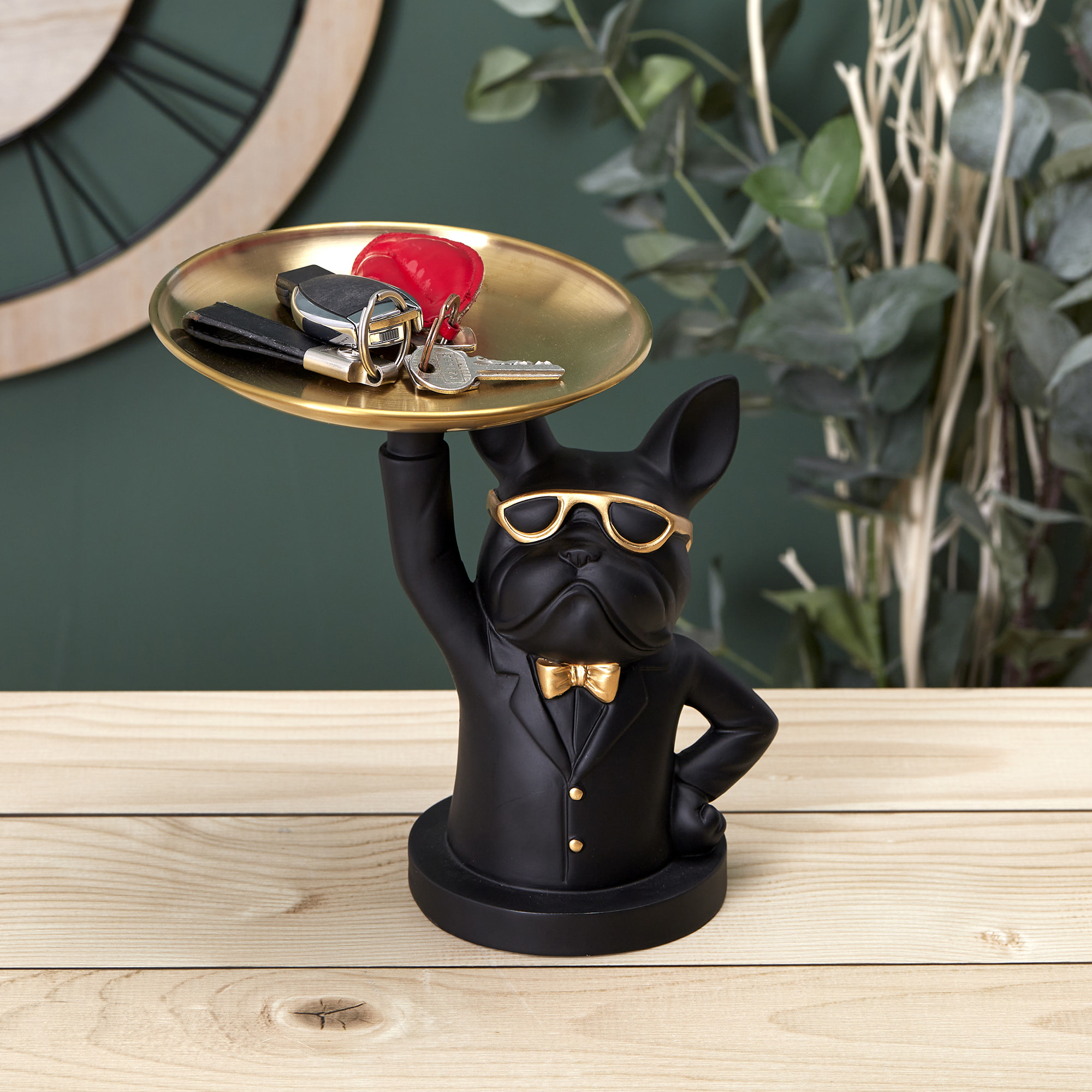 Sculpture Deco Bulldog Noir Vide Poche 23cm