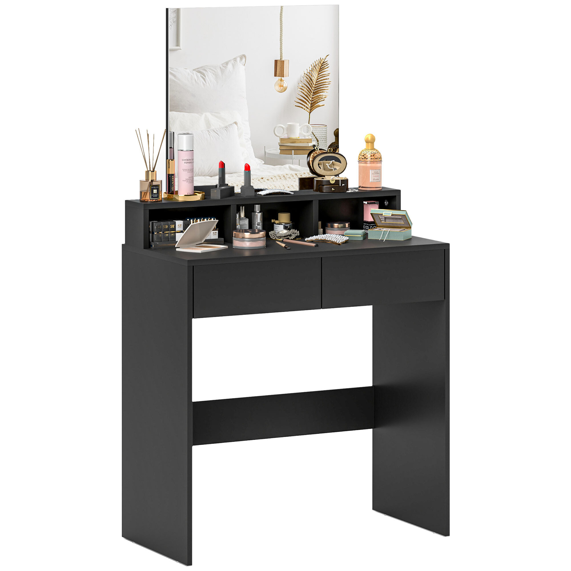 Tocador de Maquillaje con Espejo, Tocador con 2 Cajones, 3 Compartimentos Abiertos, Mesa de Maquillaje para Espacios Pequeños, Dormitorio, Negro