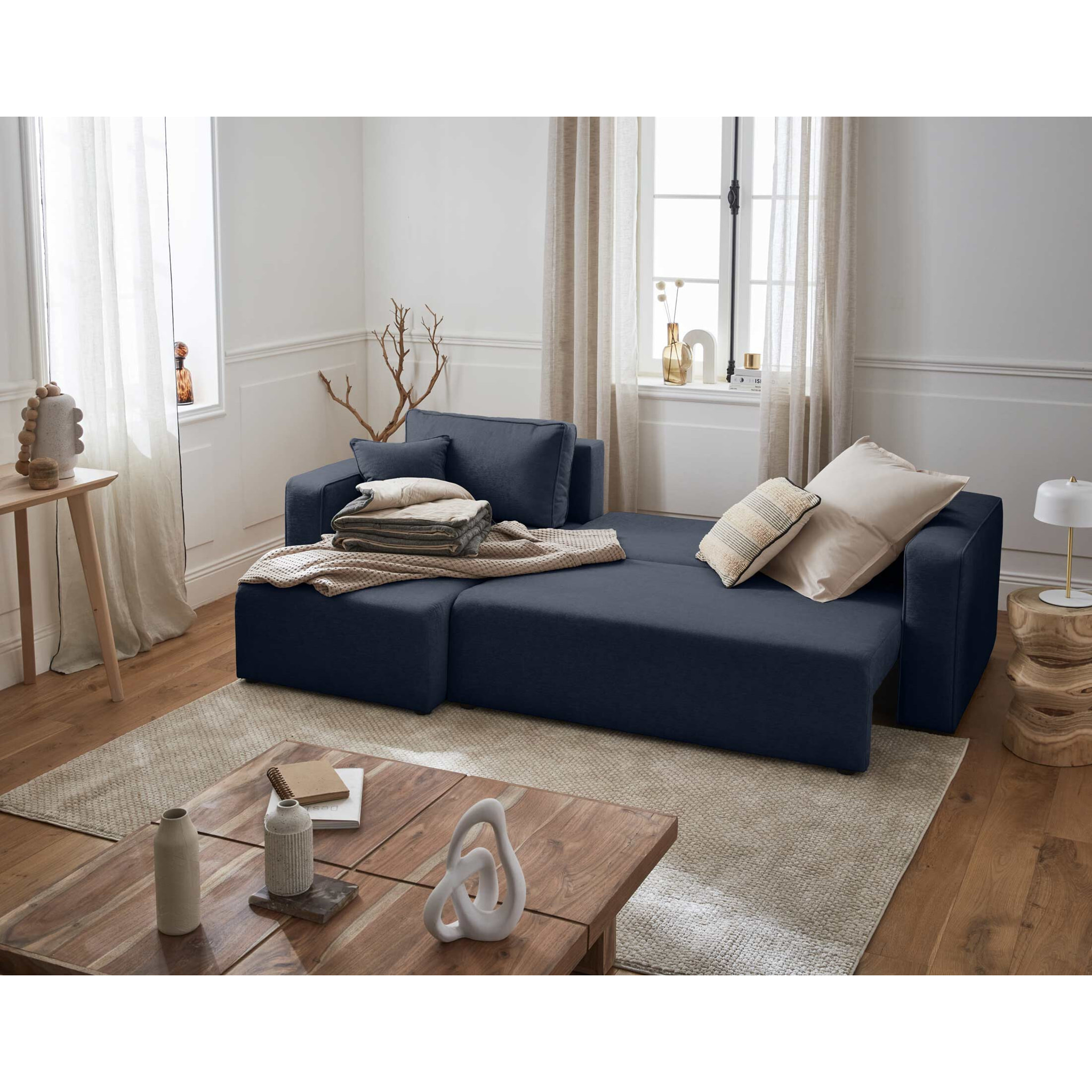 Topaze - canapé d'angle réversible - 4 places - convertible avec coffre - en tissu - Bleu