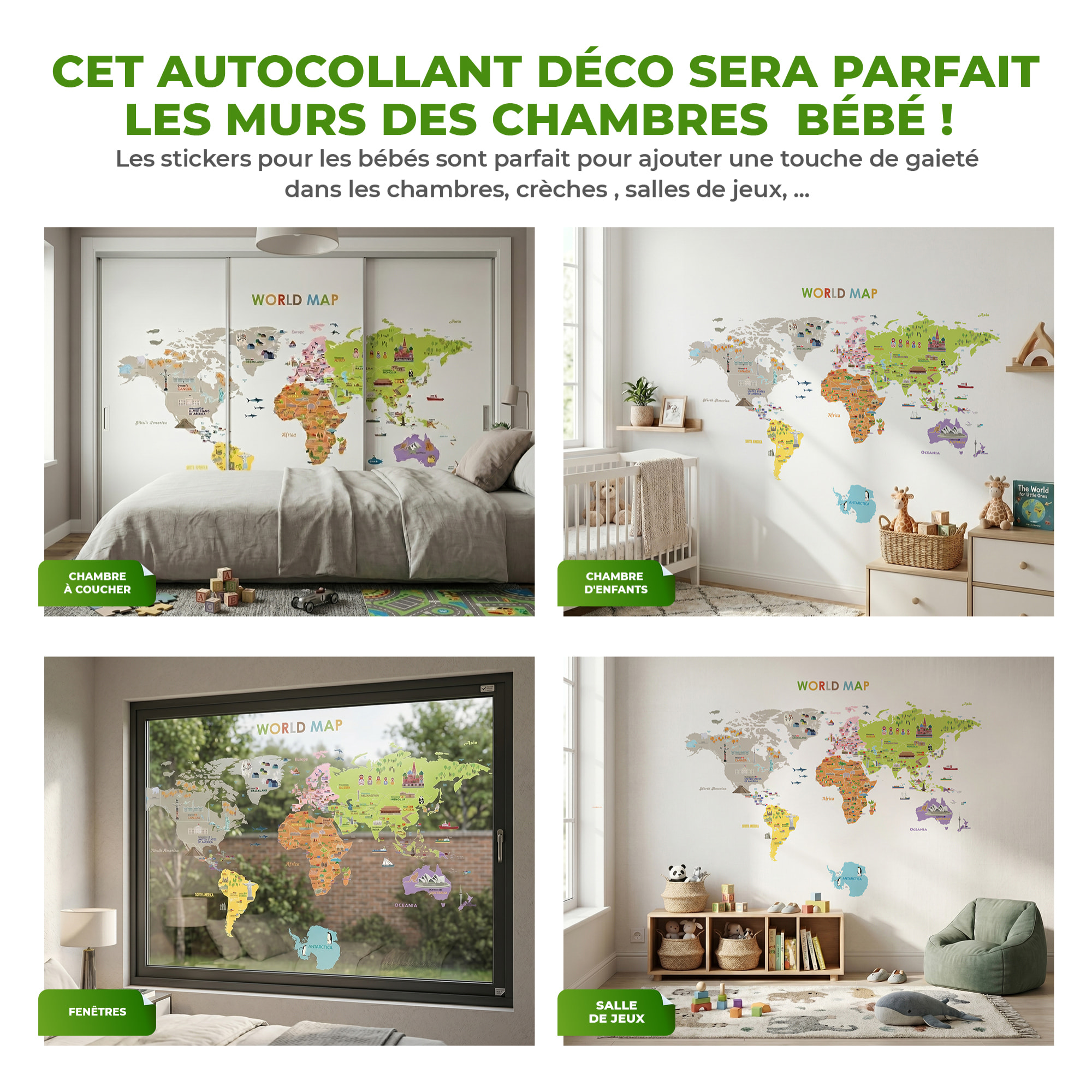 Stickers Muraux décoration adhésifs carte du monde géante pour enfants