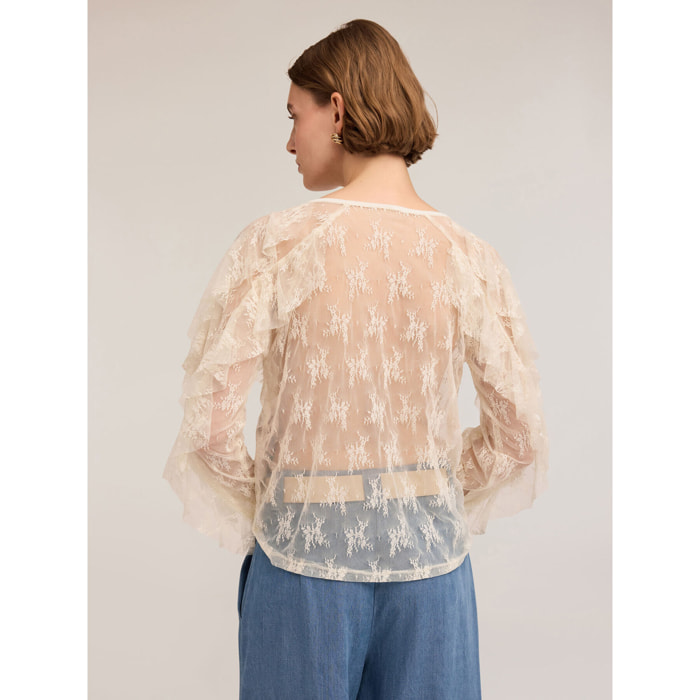 Motivi - Blusa de manga larga de encaje con volantes - Blanco