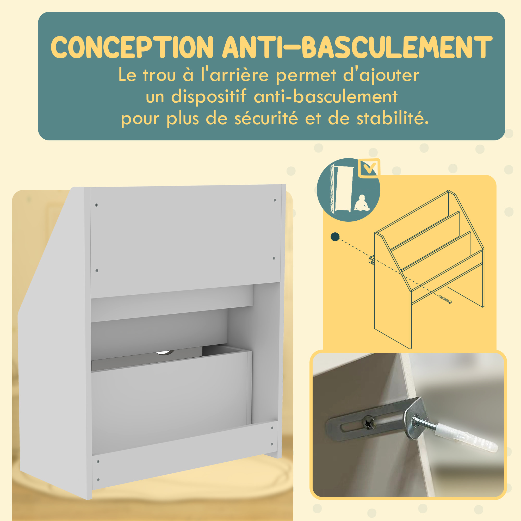 Bibliothèque étagère multi-rangement enfant - 3 étagères, grand tiroir - MDF blanc