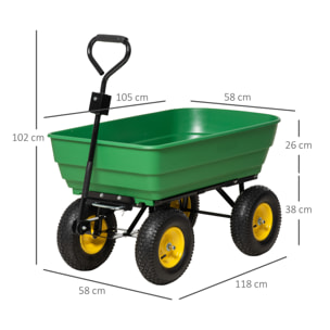 Chariot de jardin à main benne basculante 75° 125L charge max. 200 Kg 4 roues pneumatiques acier PP jaune vert