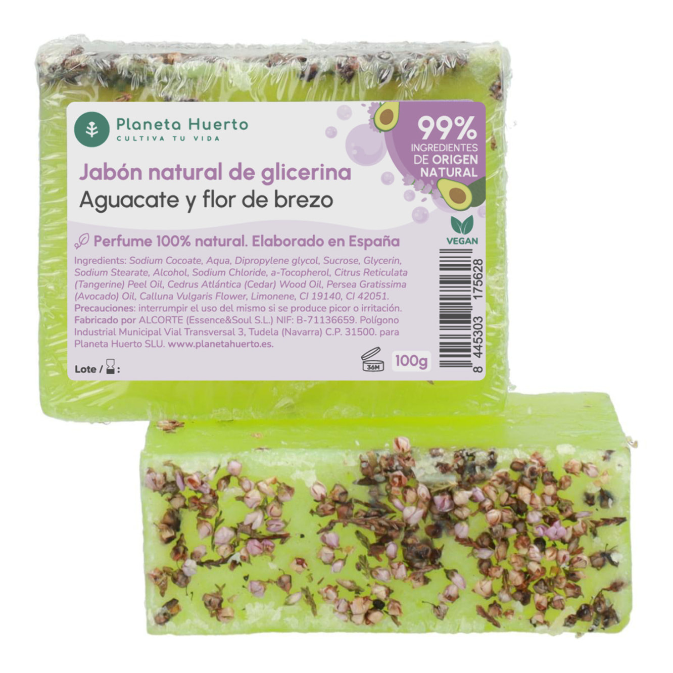 Jabón natural de glicerina aguacate y flor de brezo 100 g