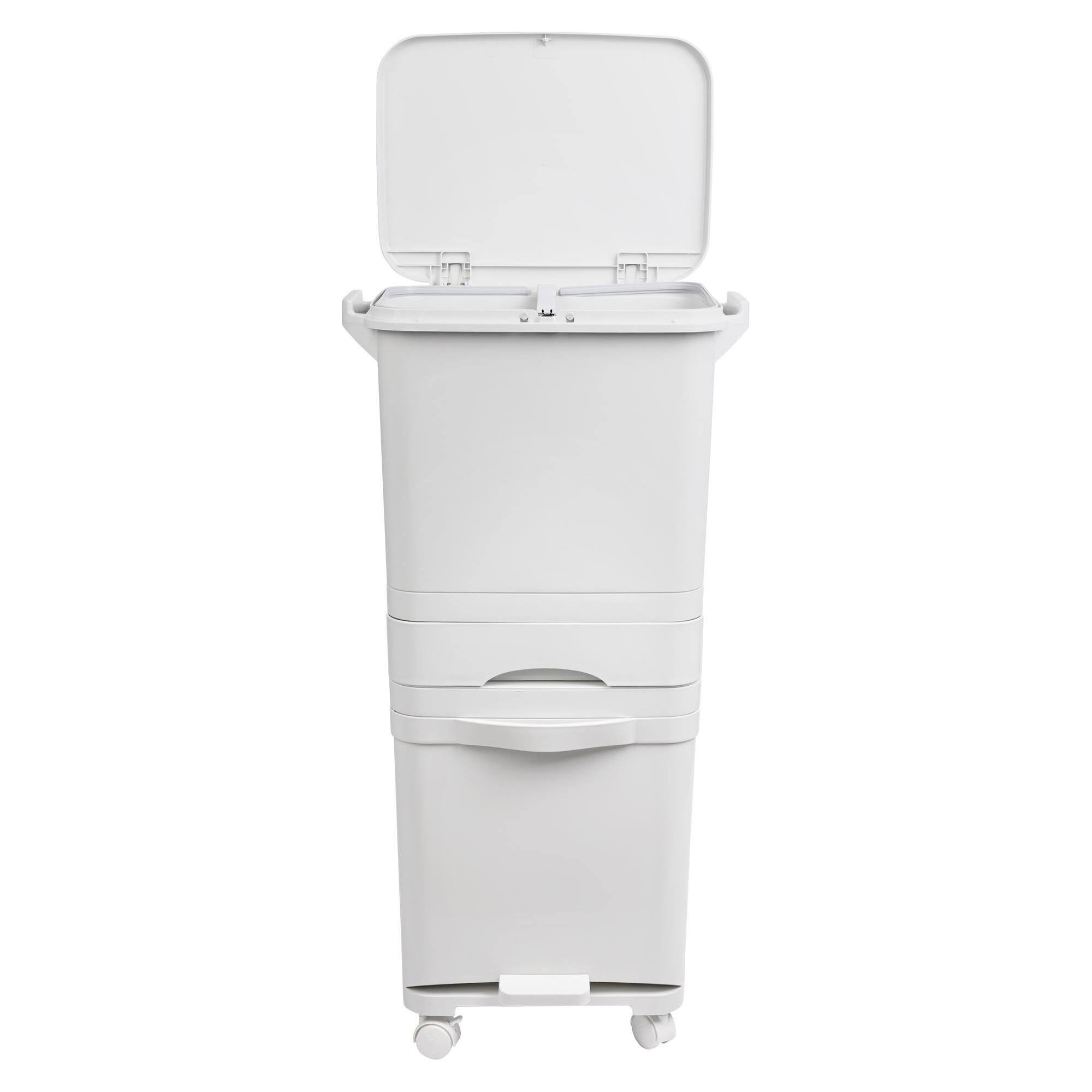 Papelera de reciclaje de clasificación selectiva con pedal, ruedas y asa de triple compartimento de 42l (24l + 4l + 14l).