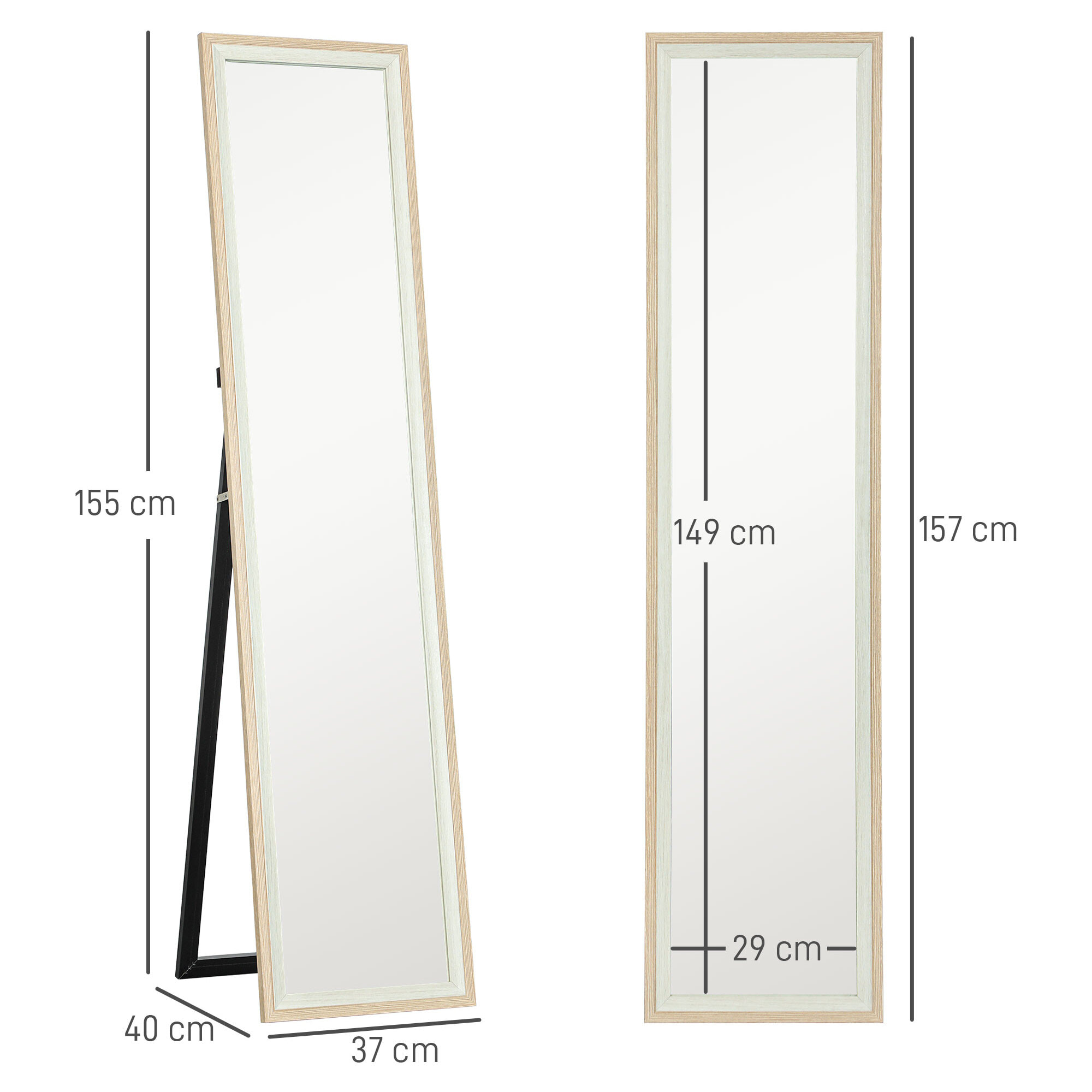 Espejo de Cuerpo Entero 157x37 cm Espejo de Pie o de Pared con Marco de MDF y Soporte para Salón Dormitorio Blanco y Natural