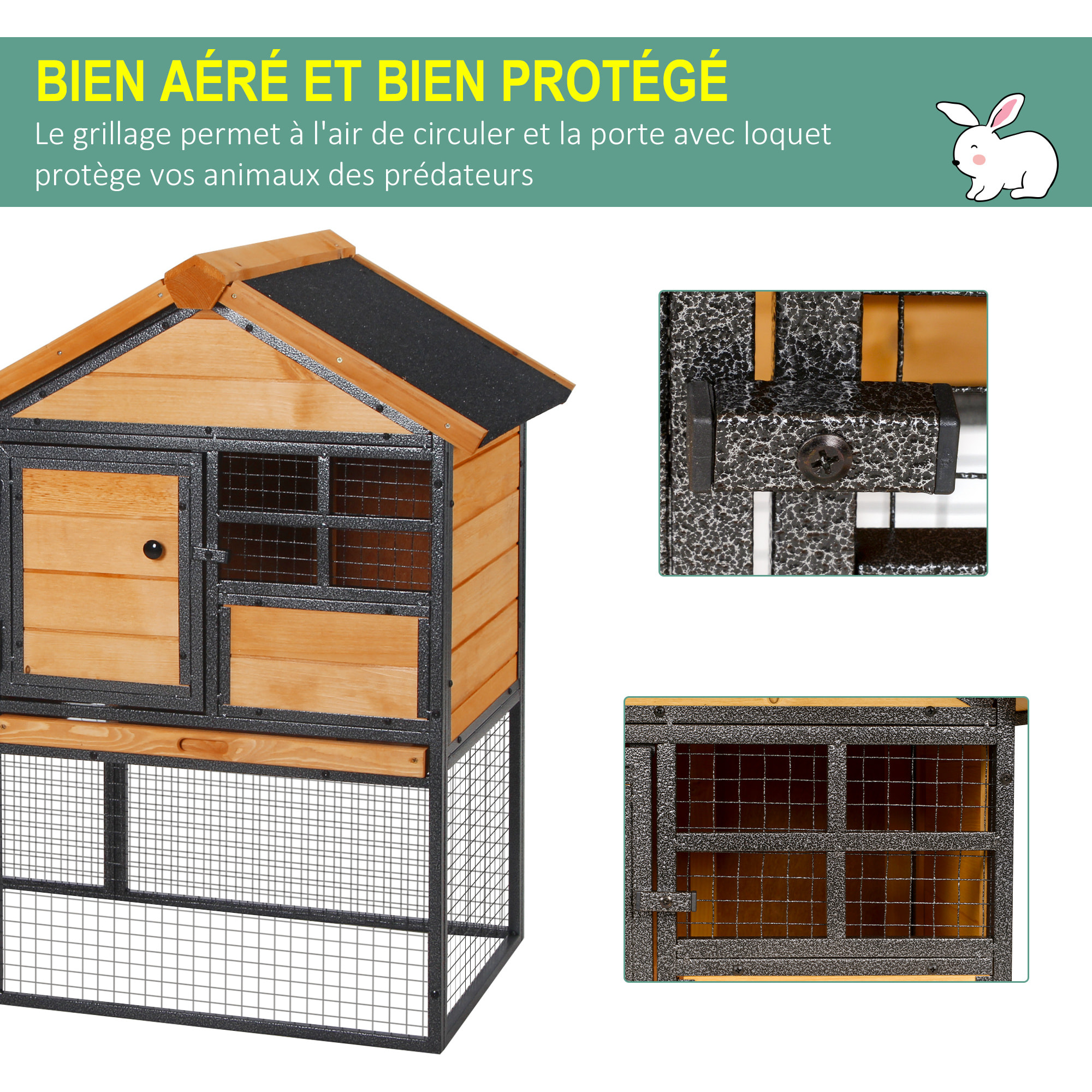 Clapier cage à lapins cottage métal époxy pin pré-huilé