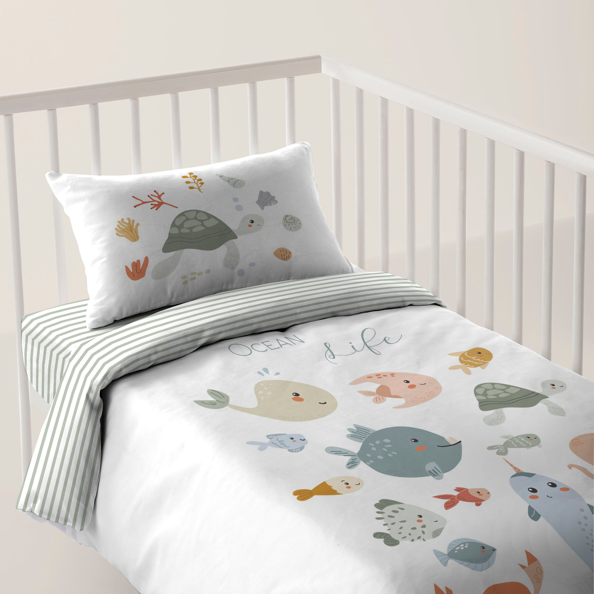 Cool Kids - Funda Nórdica Estampada - Reversible - Infantil - Cierre Solapa - 100% Algodón - Incluye 1 Funda de Almohada - Cuna/Maxicuna - Ocean Life