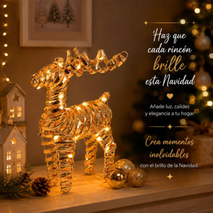 Reno navideño led dorado con 25 microled blanco cálido, con temporizador 20x7x34 cm