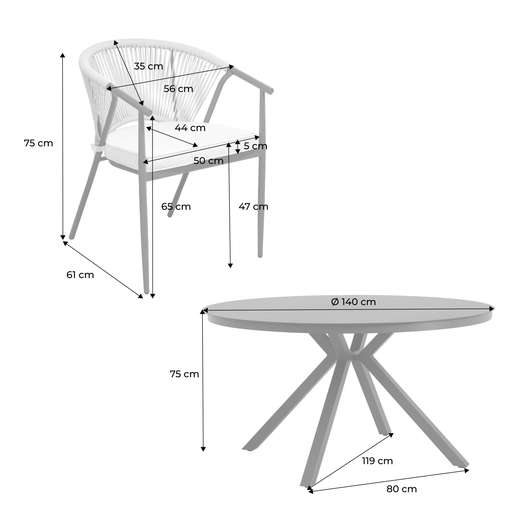 Table de jardin ronde aluminium et verre + 6 assises ORBIS + LIORA