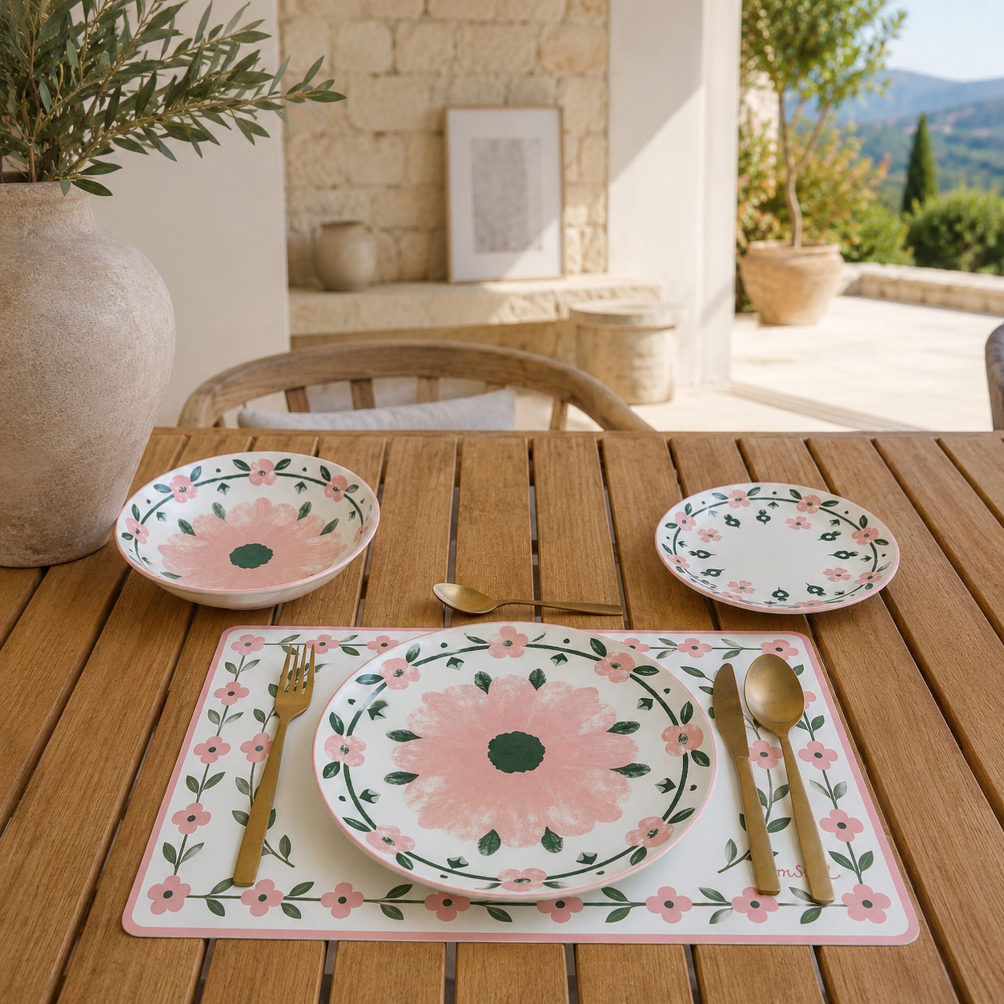 Lot de 6 assiettes plates 27cm en porcelaine blanc et rose floral PRIMAVERA
