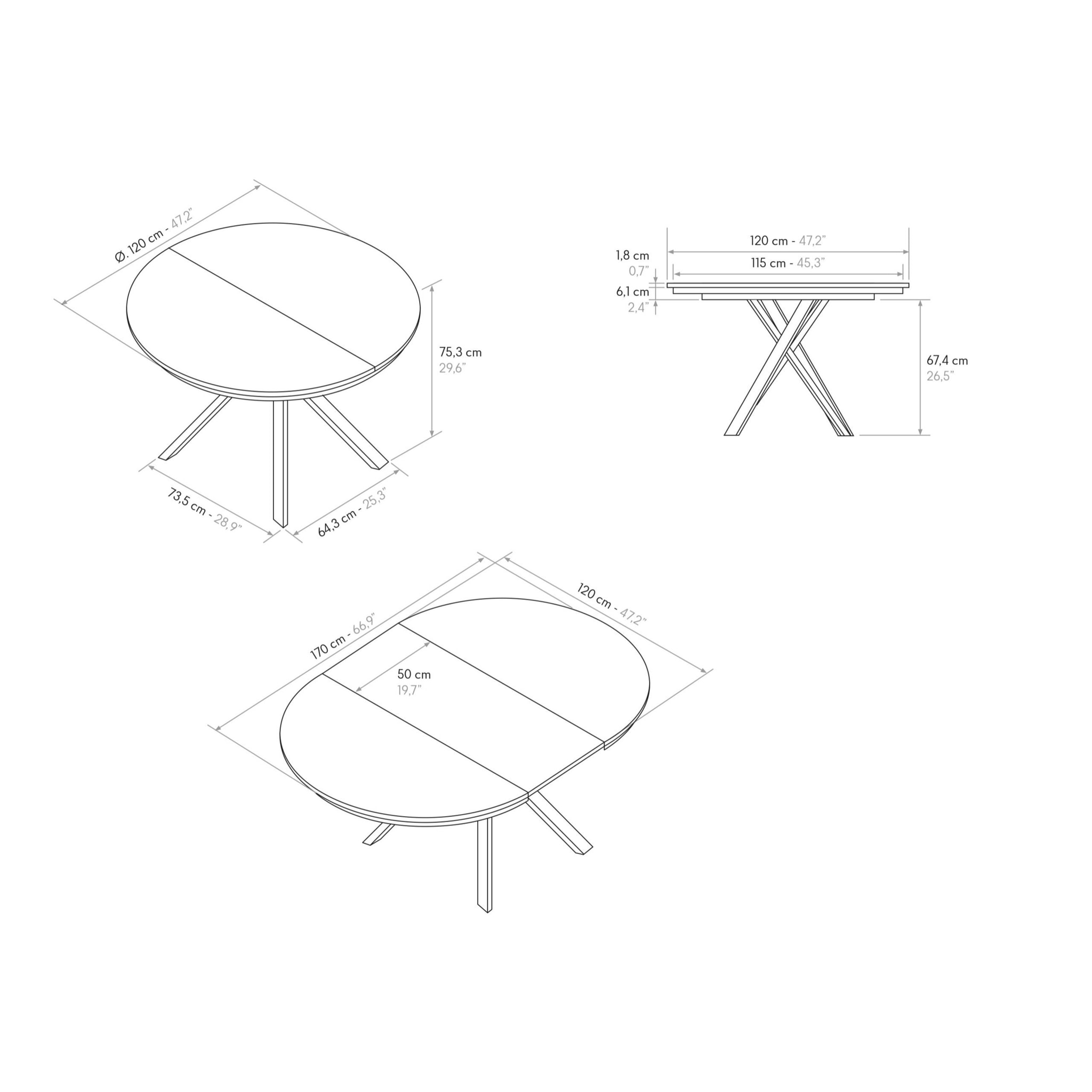 Tavolo rotondo PANTELLERIA in legno effetto grigio cemento con gambe incrociate in metallo antracite, allungabile ⌀120 cm - ⌀170 cm