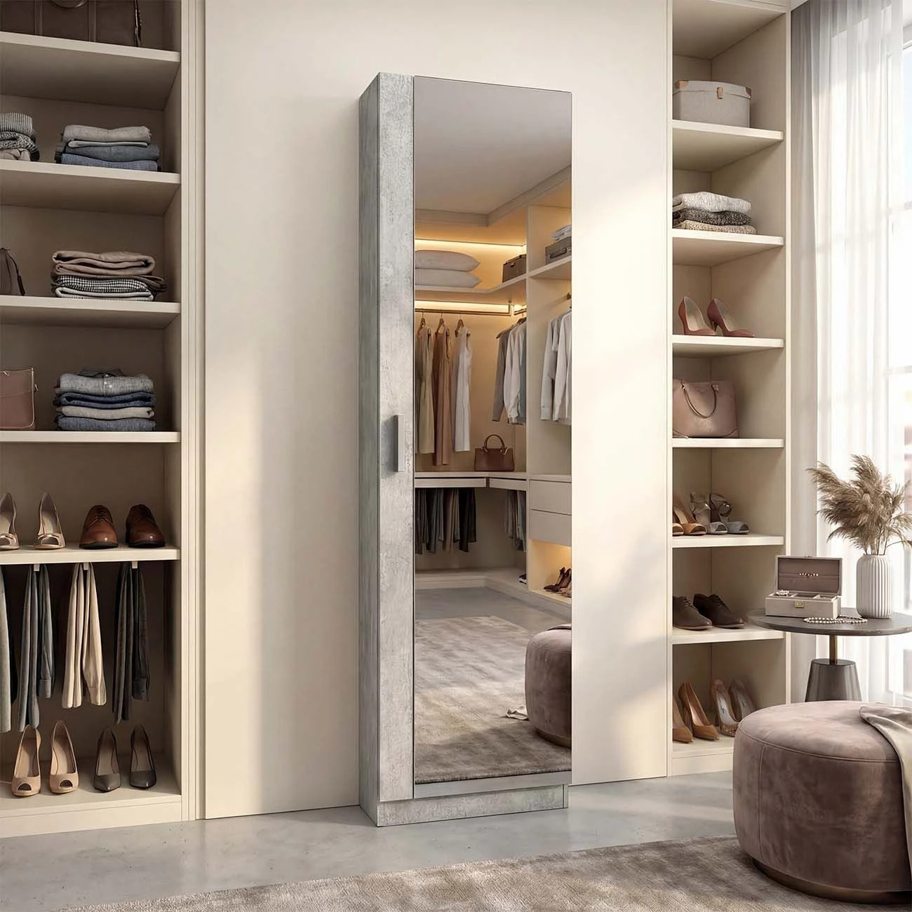 Zapatero alto de 1 puerta con espejo en gris cemento 180x50 cm Roma Gris cemento