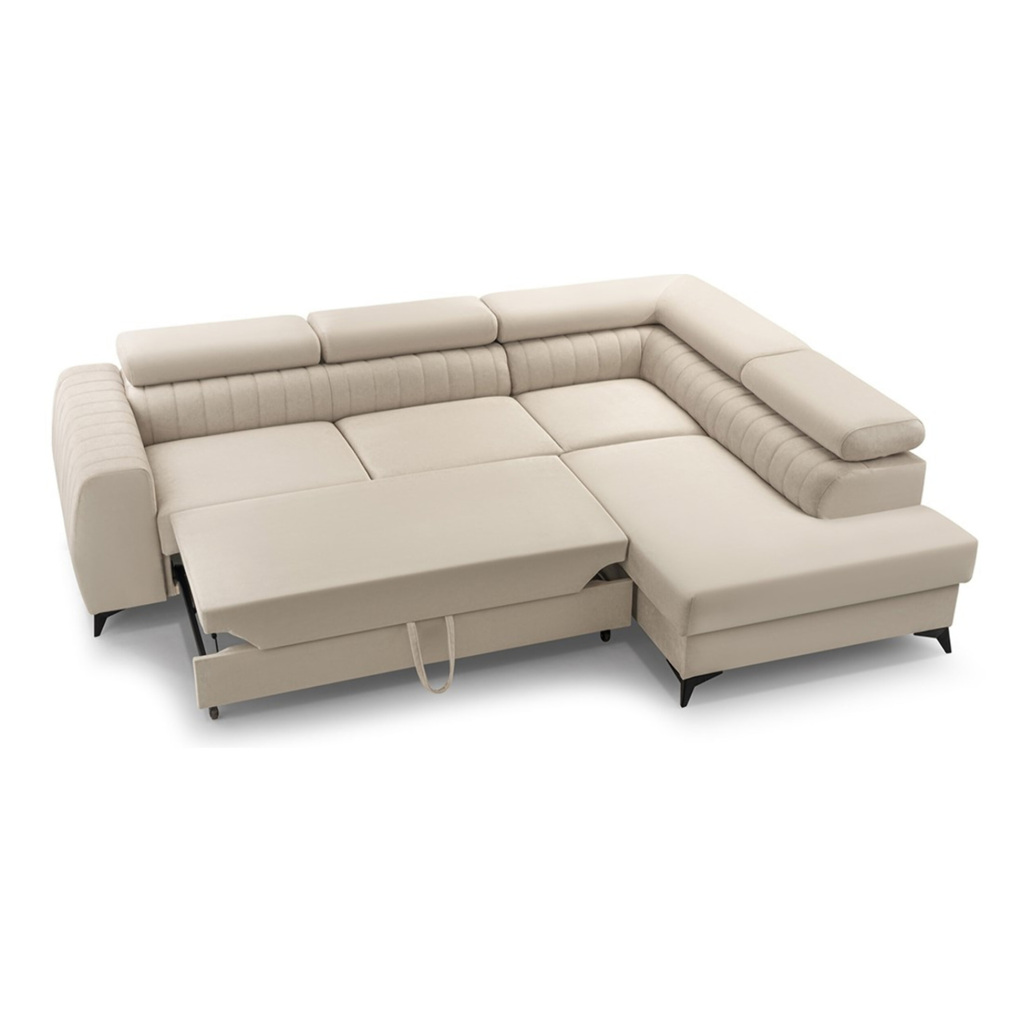 Aneta - canapé d'angle droit 5 places - convertible avec coffre et têtières - en velours - Beige