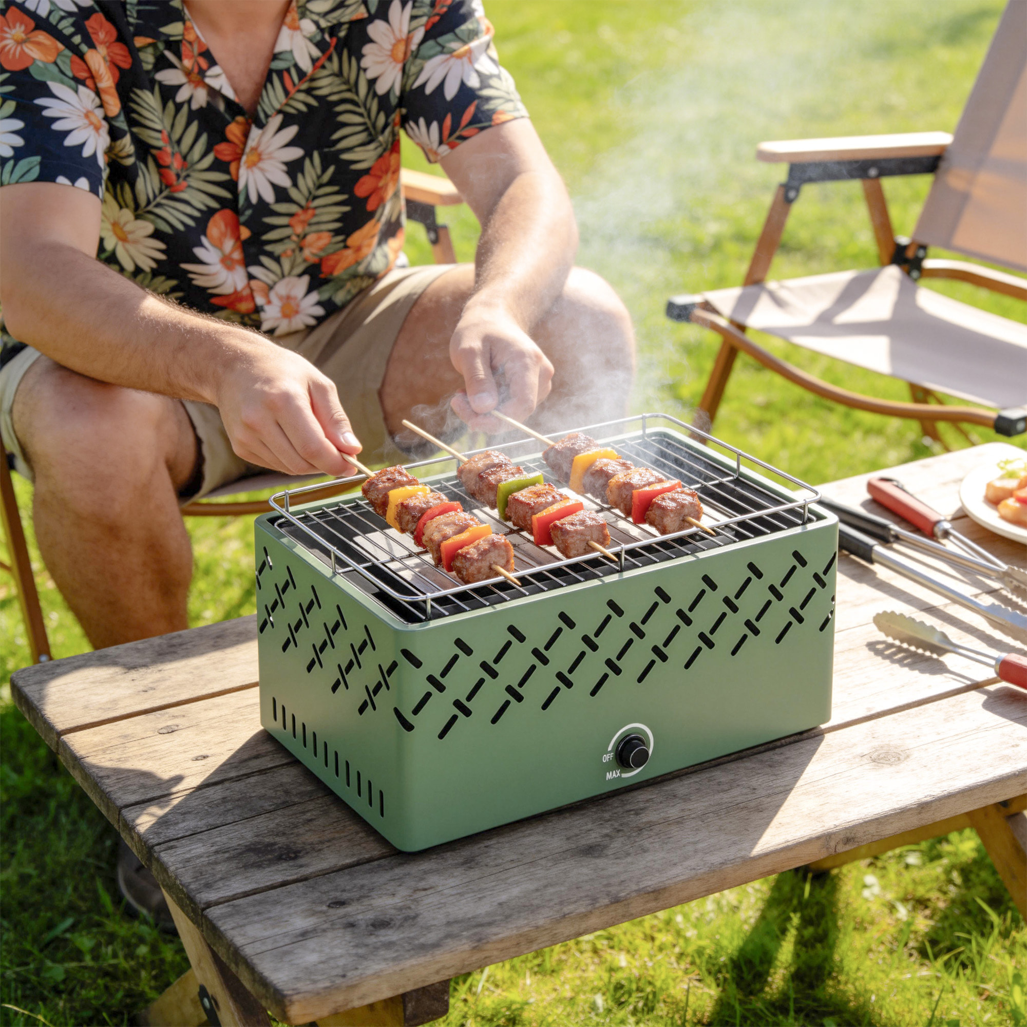 Barbacoa de Carbón, Barbacoa Portátil, 45,5x29x21 cm, con Ventilador Integrado, Temperatura Ajustable y Bandeja de Carbón, para Camping, Picnic, Fiesta en Jardín, Verde Claro