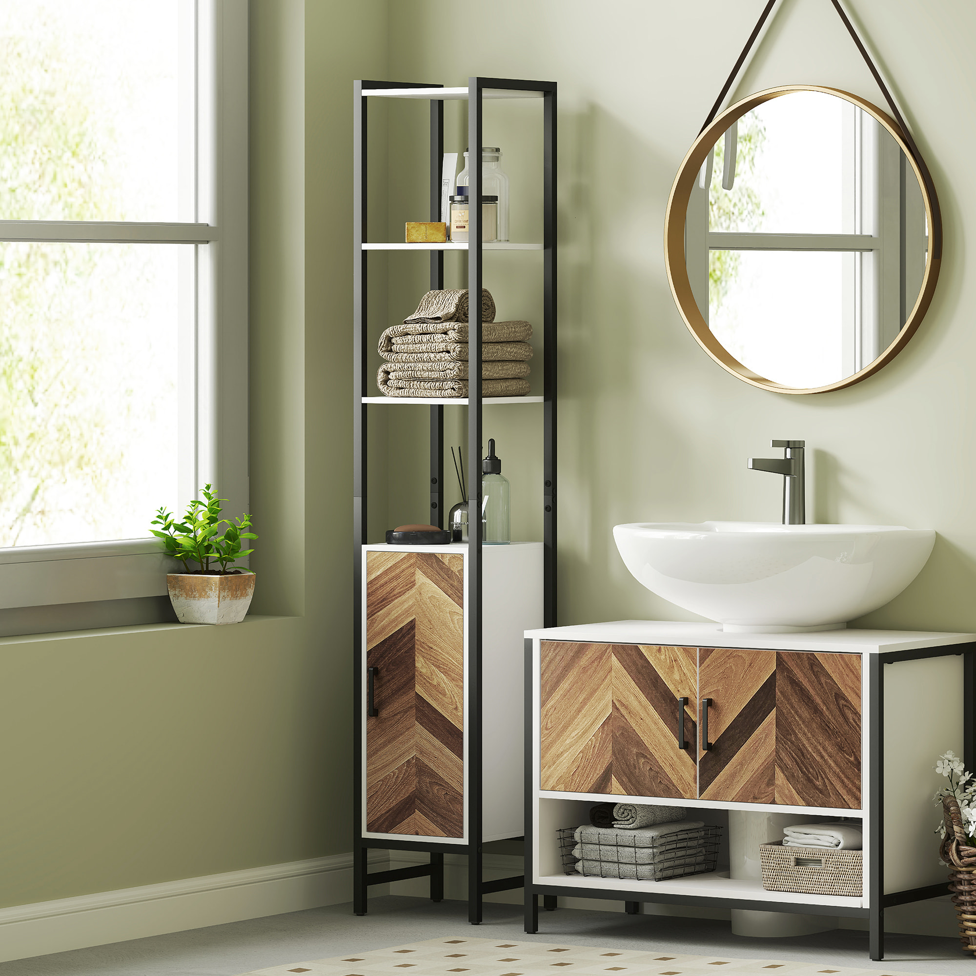 Columna de Baño Armario Alto de Baño con 3 Estantes Abiertos 1 Puerta y Estante Ajustable Mueble Auxiliar de Baño con Sistema Anti-vuelco 30x30x170 cm Blanco y Nogal