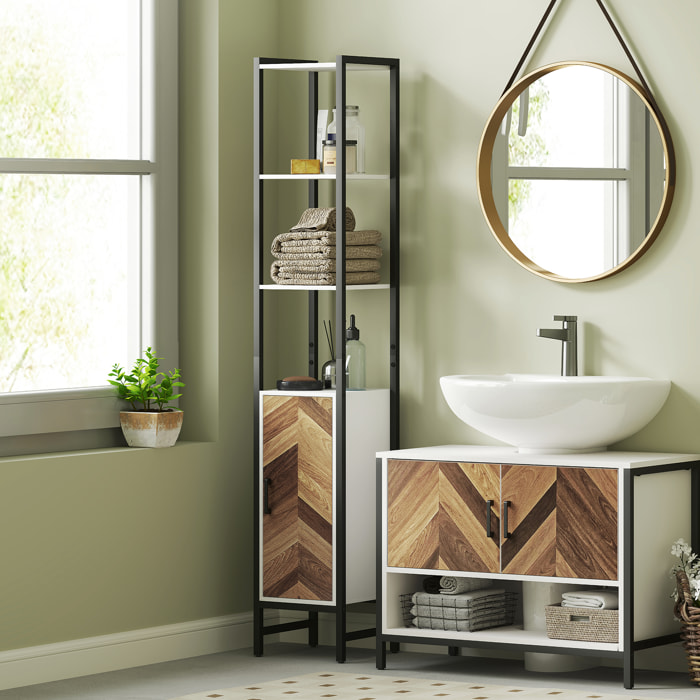 Columna de Baño Armario Alto de Baño con 3 Estantes Abiertos 1 Puerta y Estante Ajustable Mueble Auxiliar de Baño con Sistema Anti-vuelco 30x30x170 cm Blanco y Nogal