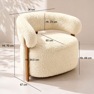 Fauteuil arrondi en tissu chenille effet fourrure écru NOUBIA