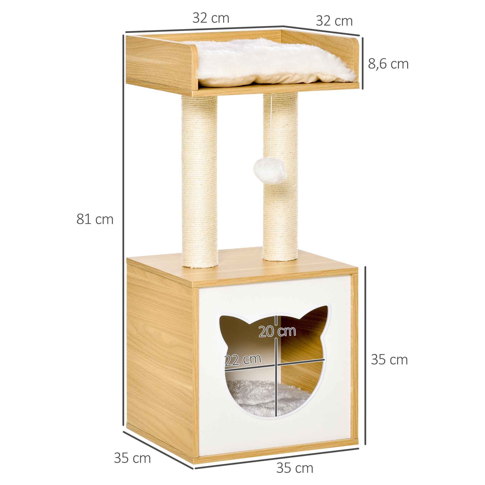 árbol para Gatos de 2 Niveles con Cueva Cama Superior Postes Rascadores de Sisal Natural Cojines Lavables y Bola de Juguete 35x35x81 cm Roble y Blanco