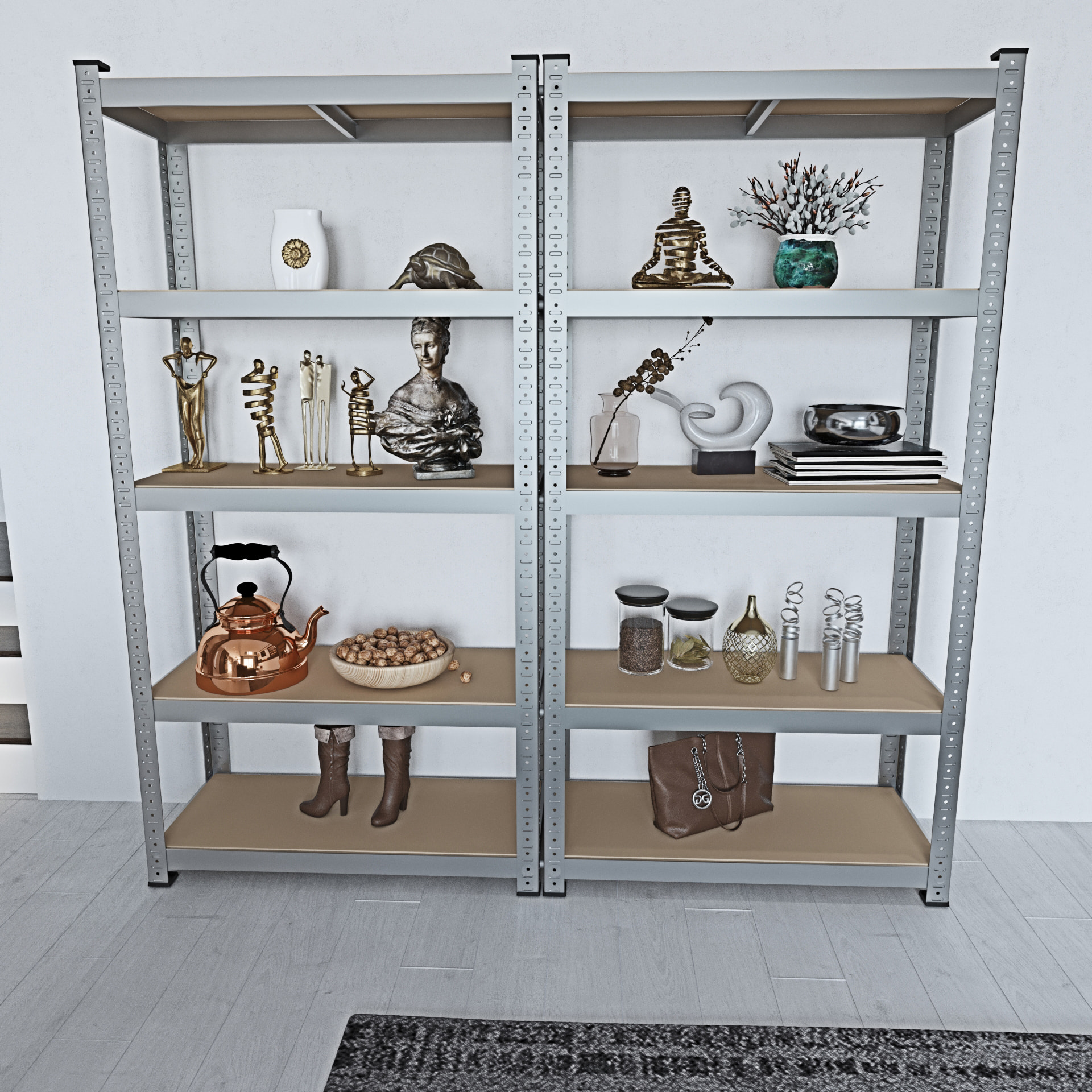 Set di 2 Scaffali In Metallo e MDF - Alta Portata Fino a 875 kg - 5 Ripiani Per Garage Officina Cantina Magazzino - Modulare - Argento - 180x90x40 cm