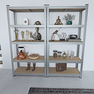 Set di 2 Scaffali In Metallo e MDF - Alta Portata Fino a 875 kg - 5 Ripiani Per Garage Officina Cantina Magazzino - Modulare - Argento - 180x90x40 cm