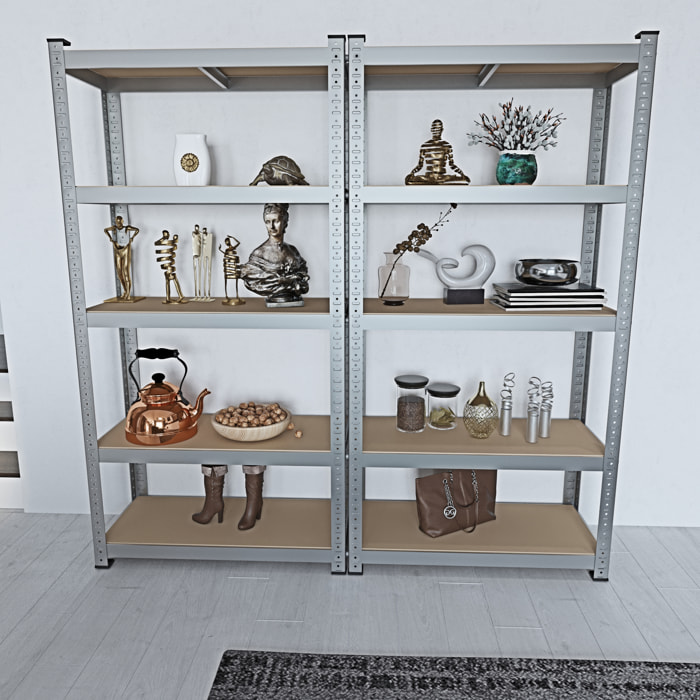 Set di 2 Scaffali In Metallo e MDF - Alta Portata Fino a 875 kg - 5 Ripiani Per Garage Officina Cantina Magazzino - Modulare - Argento - 180x90x40 cm