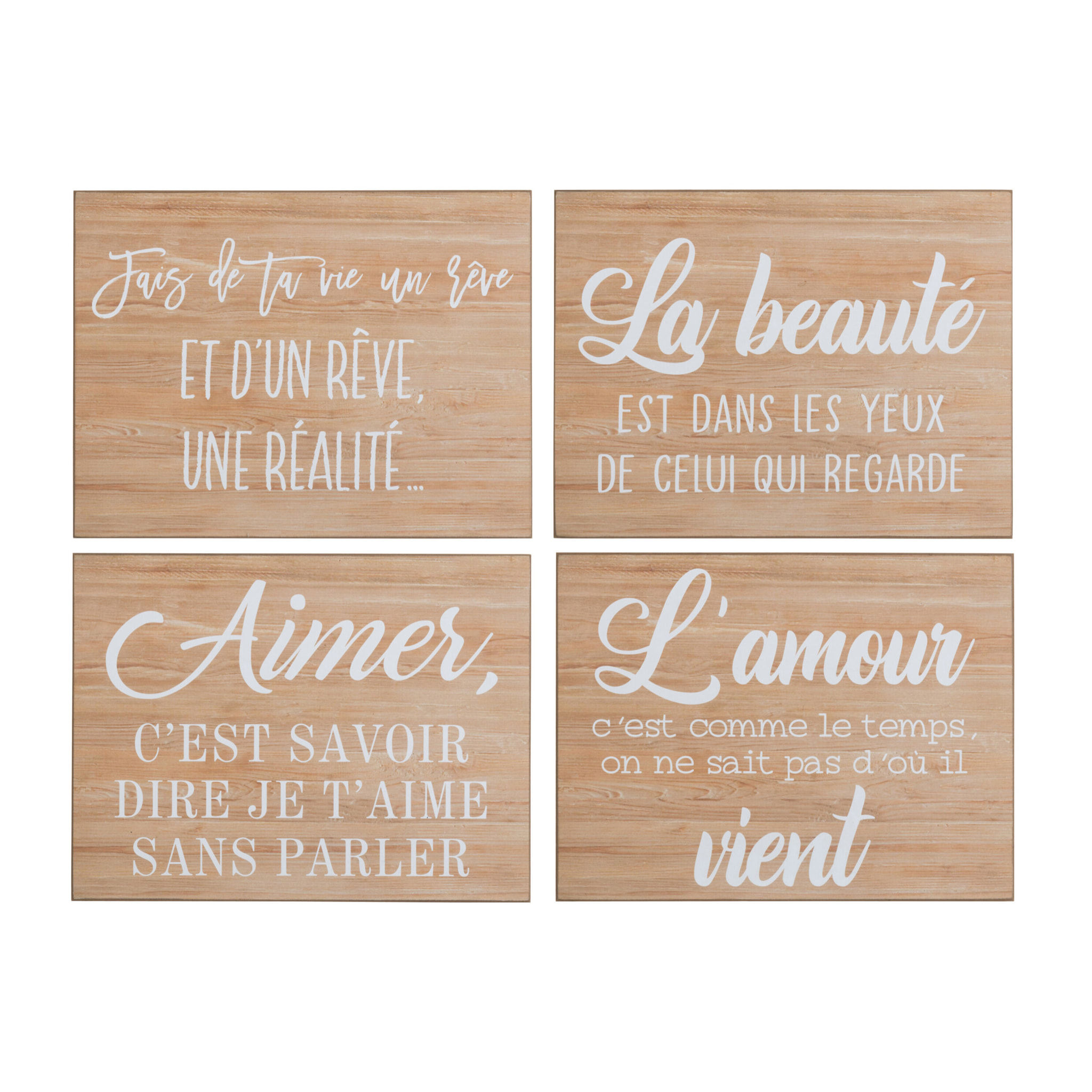 J-Line Pancarte Horizontale Texte Blanc Francais Bois Naturel Assortiment De 4