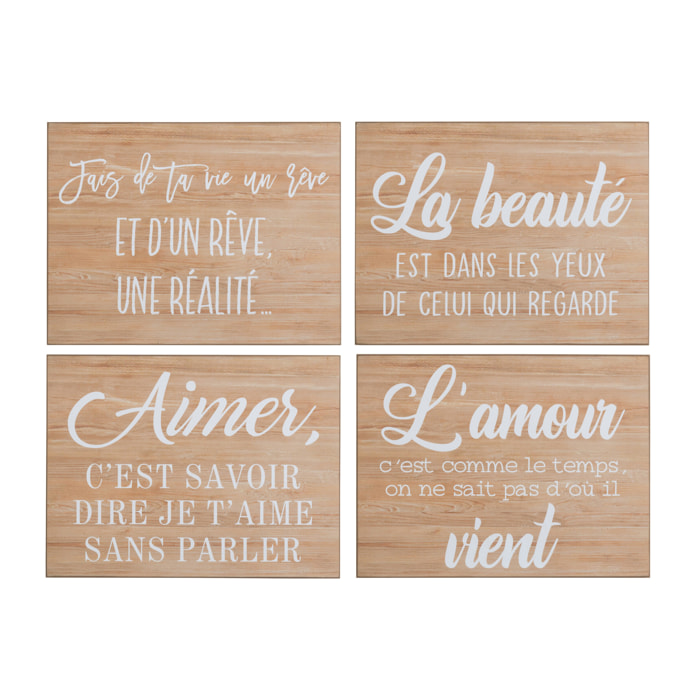 J-Line Pancarte Horizontale Texte Blanc Francais Bois Naturel Assortiment De 4