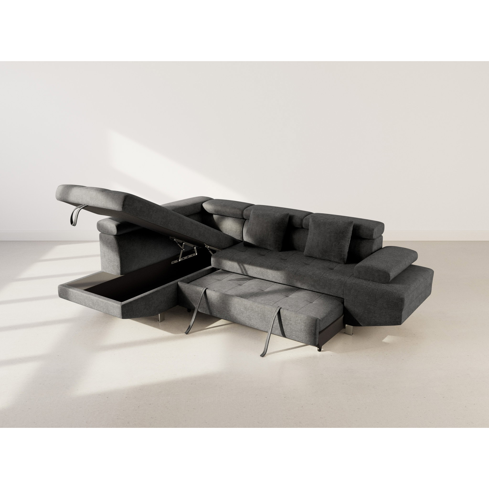 Margaux - Canapé d'angle gauche 5 places convertible avec coffre et têtières réglables en velours texturé - Noir