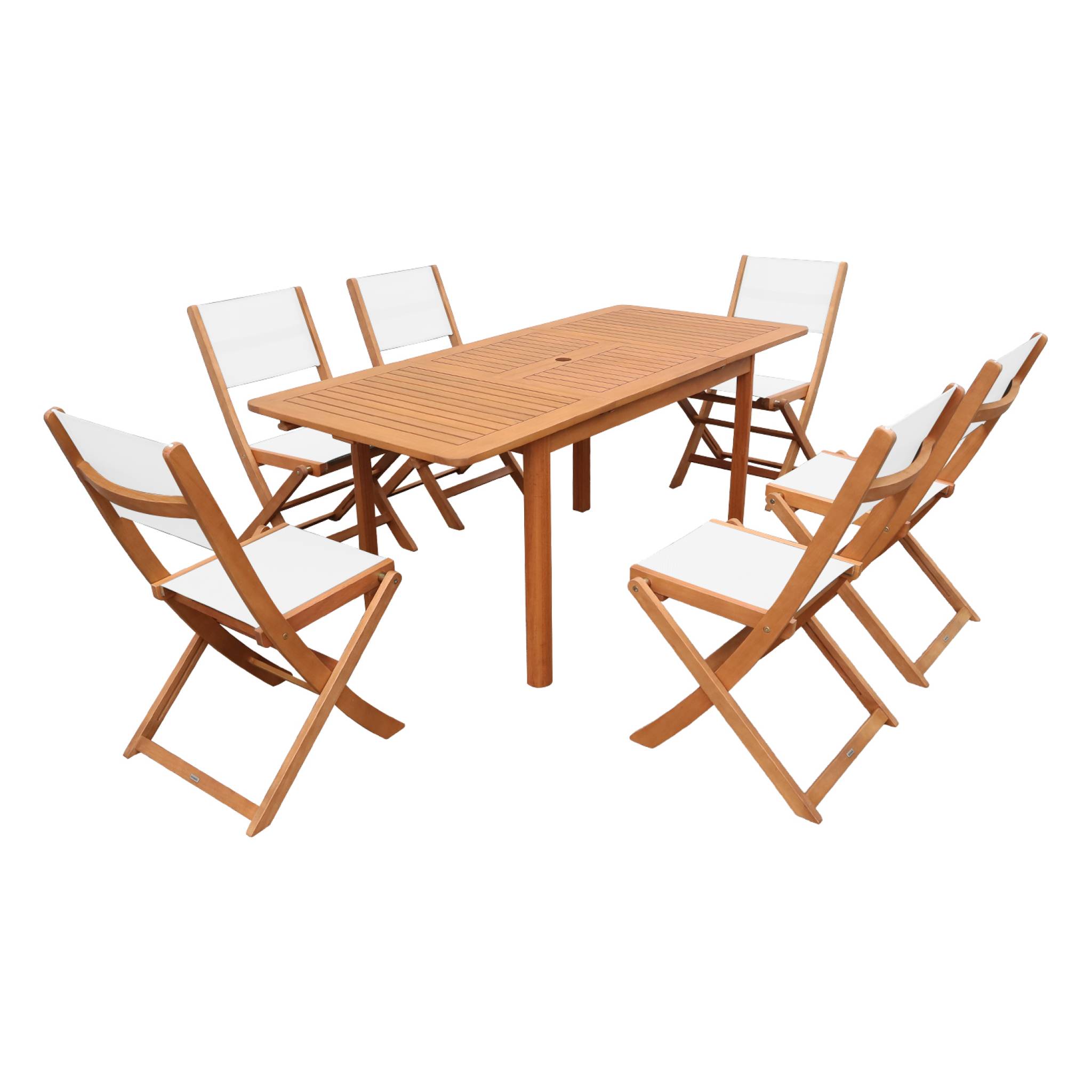 Table de jardin extensible bois d'eucalyptus + 6 assises ARBO + ALMERIA