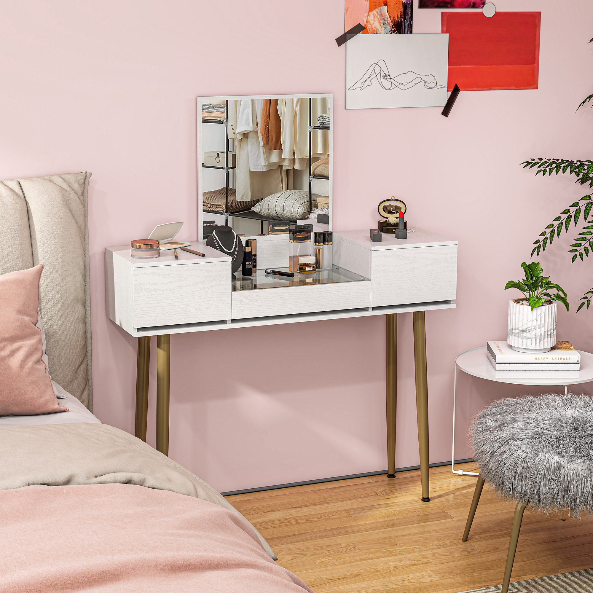 Tocador de Maquillaje con Espejo Tocador con Encimera de Vidrio Templado Visible 3 Cajones Mesa de Maquillaje Moderna para Dormitorio Blanco