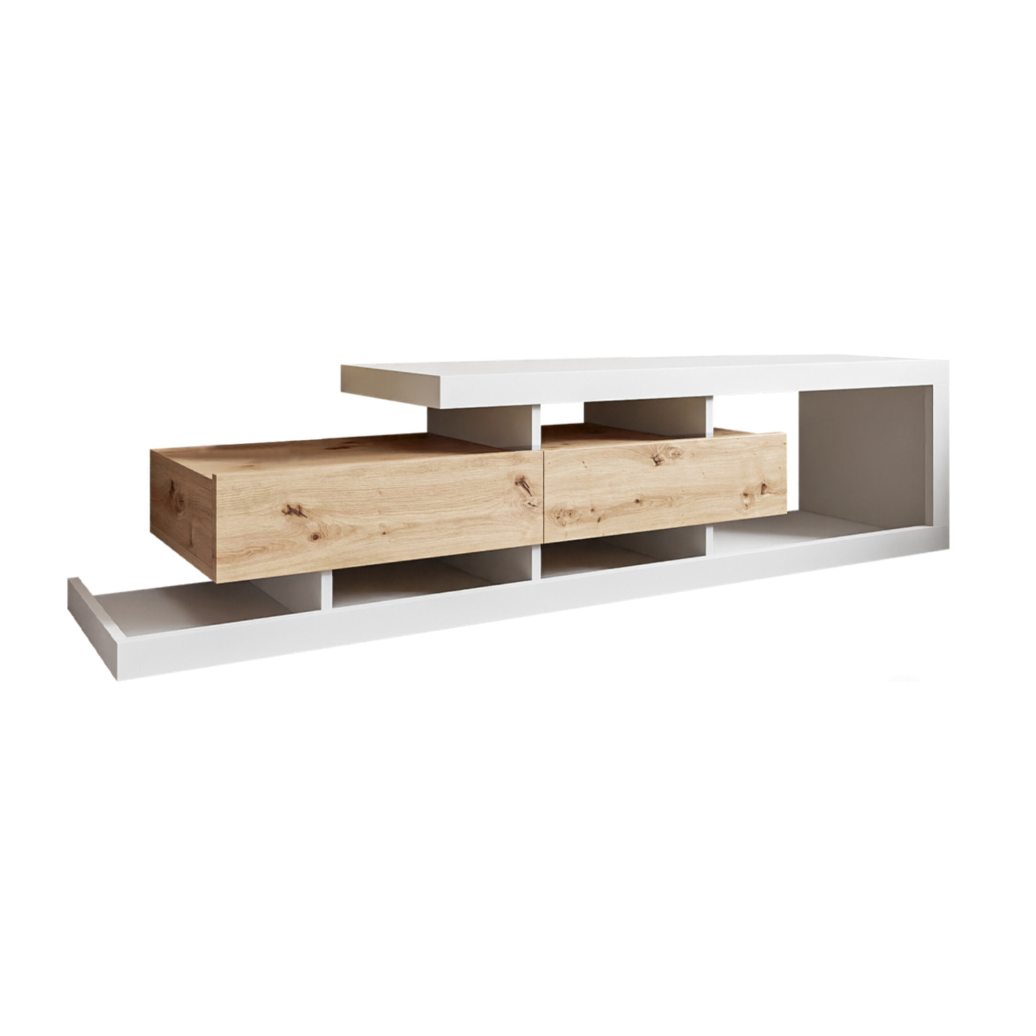 Olga - meuble TV - effet bois et blanc - 2 tiroirs - 198 cm - Bois / Blanc