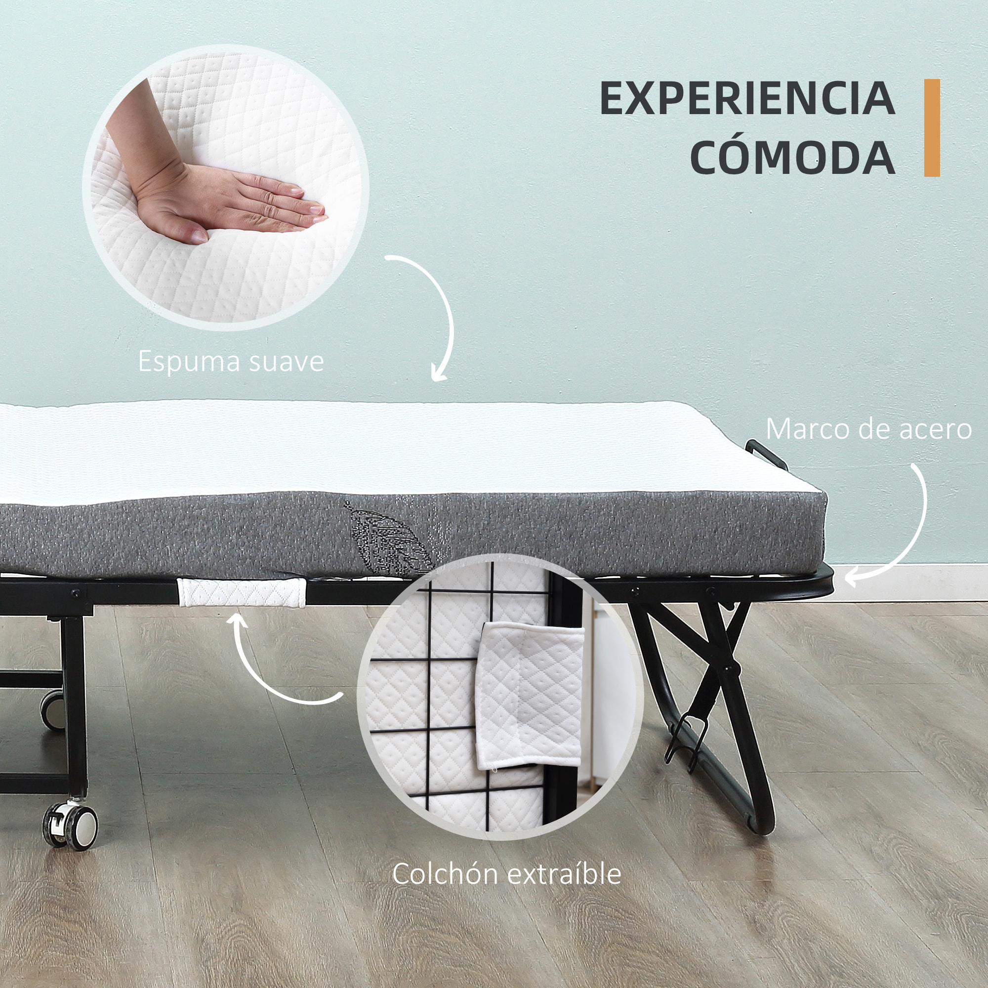 Cama Plegable 200x75x42,5 cm con Colchón Individual Ruedas para Salón Oficina