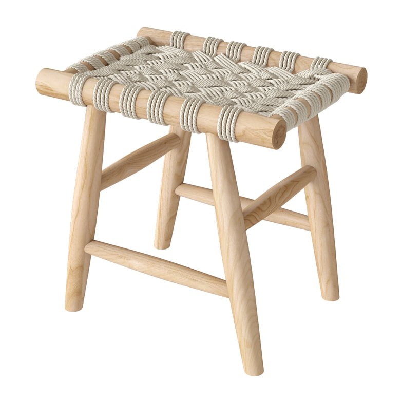 Tabouret tressé blanc en macramé et branche de teck - Kira