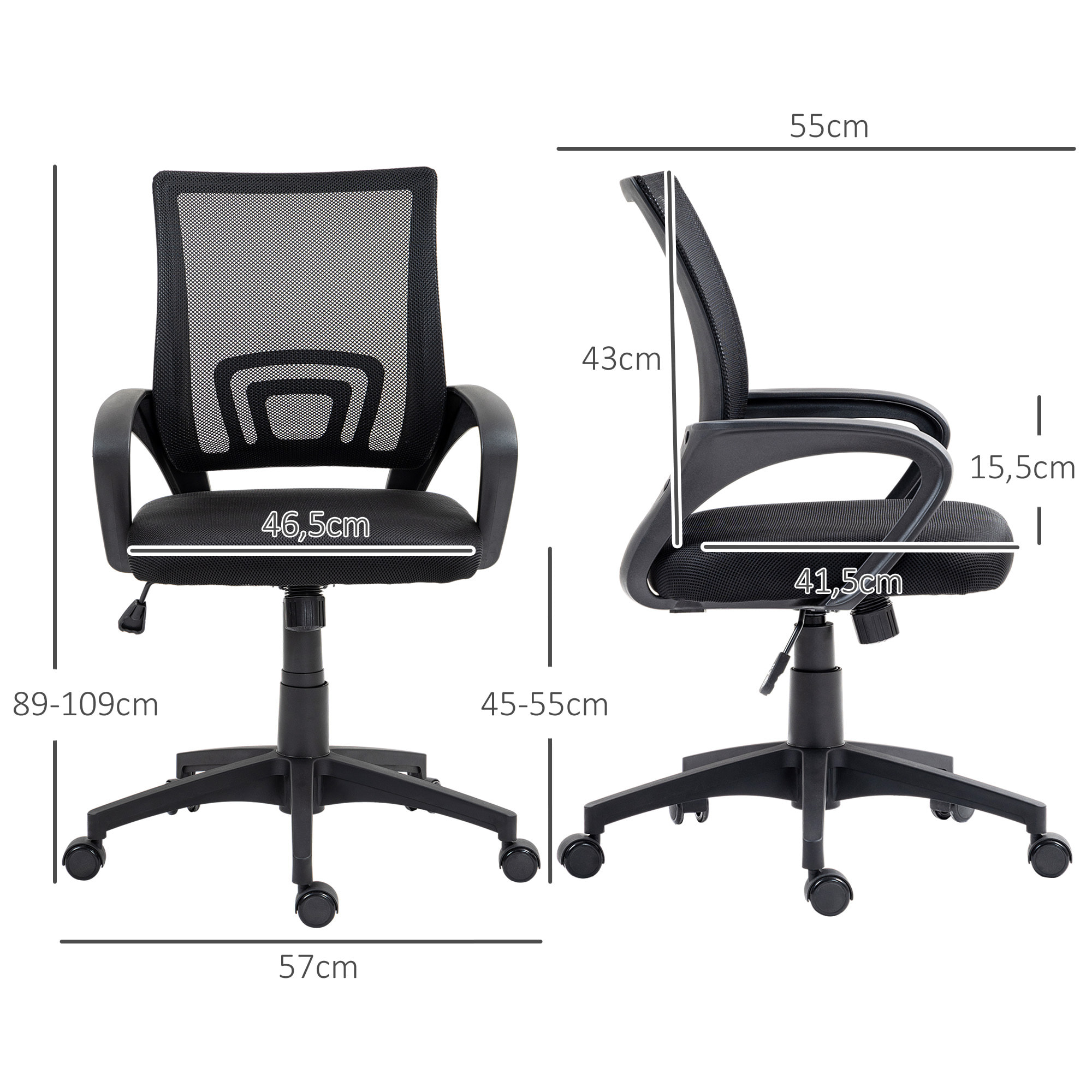 Silla de Oficina de Malla Silla de Escritorio Giratoria con Altura Ajustable Función de Basculante Soporte Lumbar y Reposabrazos Silla para Estudio Carga 120 kg Negro