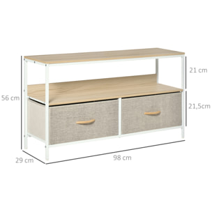 HOMCOM Mueble de TV, Mesa de TV con Estante y 2 Cajones de Tela Plegables, para Televisores hasta 47 Pulgadas, Largo de 98 cm, para Salón, Dormitorio, Natural y Gris