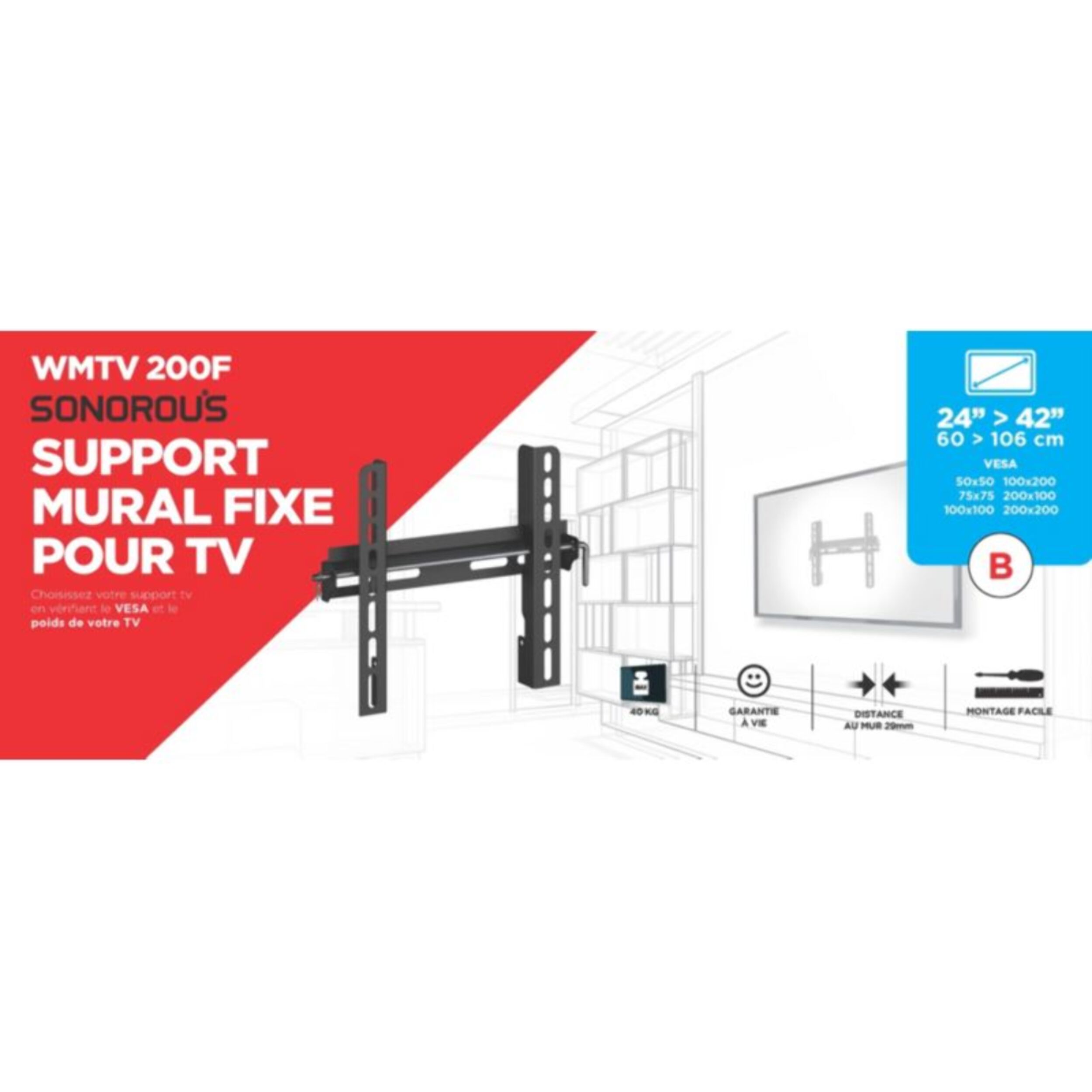 Support mural TV SONOROUS 24 a 42 pouces - WMTV 200F