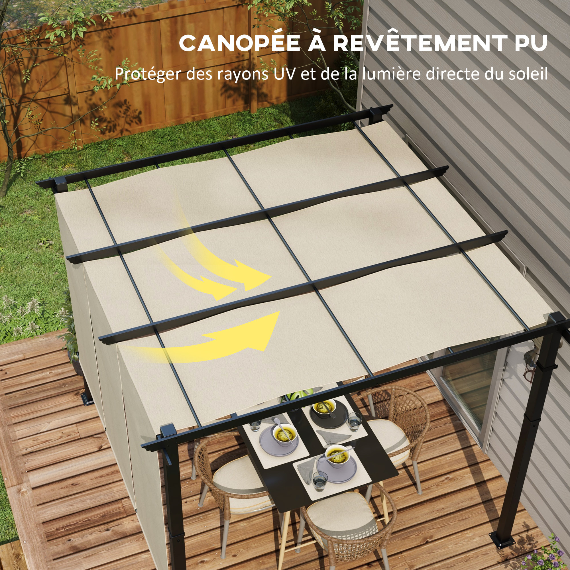 Pergola 3 toiles coulissantes - dim. 2,97L x 2,97l x 2,38H m - acier époxy polyester haute densité beige