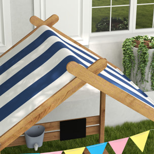 Arenero para Niños de Madera Arenero Infantil con Toldo 6 Banderines 2 Lavabos Grifo y Pizarra en Forma de Casa para Patio Jardín 124x116x146 cm Marrón