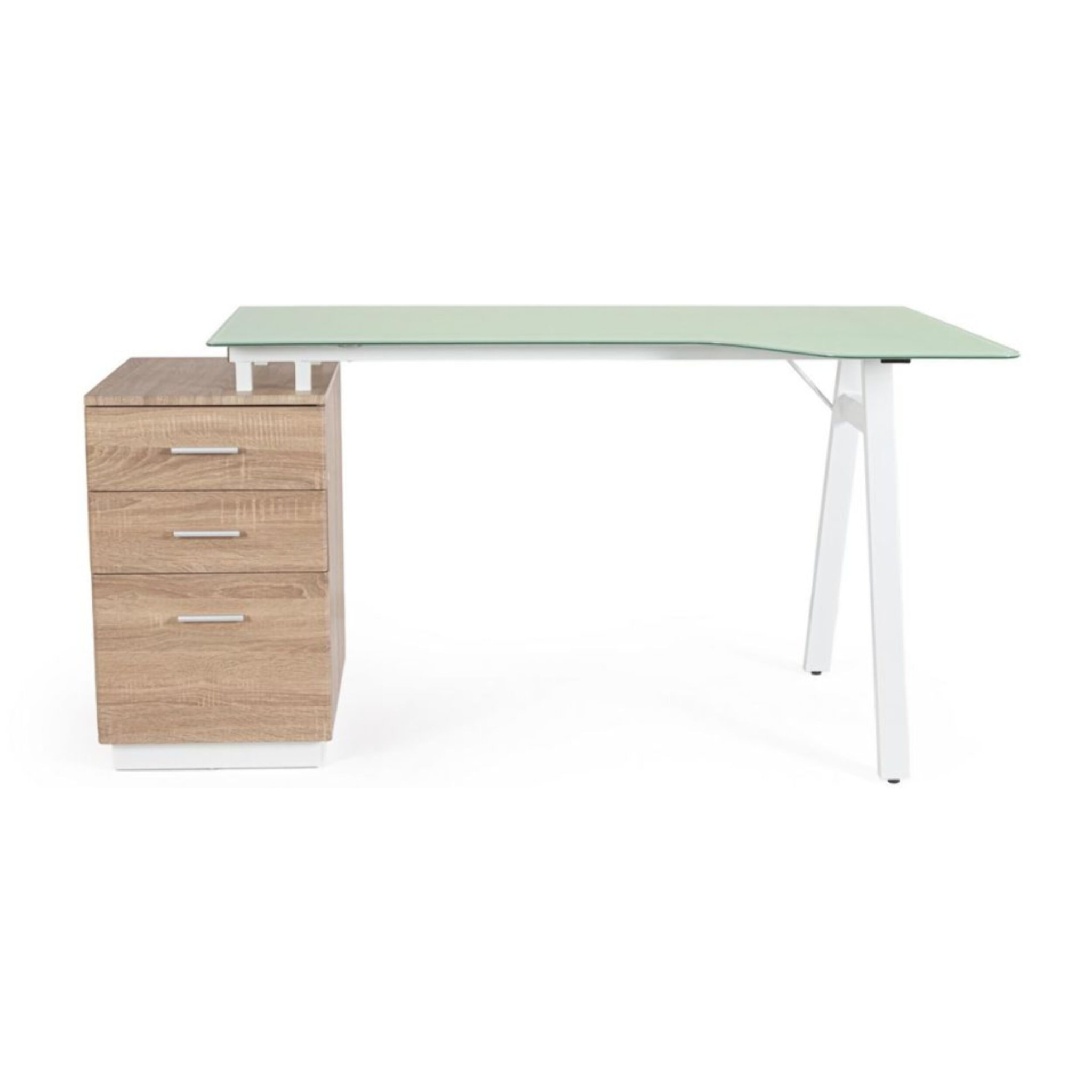Scrivania CHARLIE in vetro temperato e base acciaio bianco, con cassettiera 150,5 x 80 cm