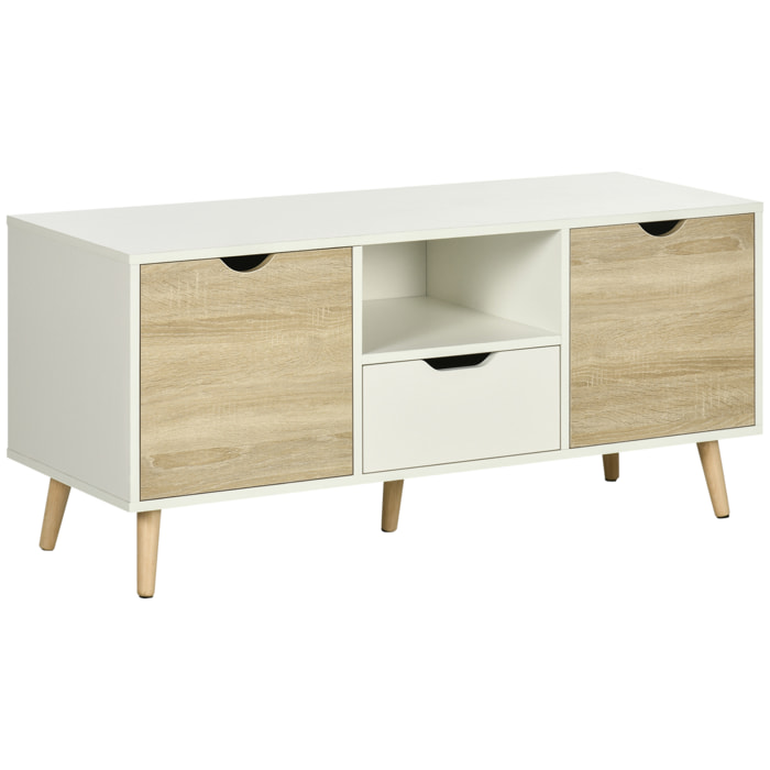 Meuble TV banc TV style scandinave 2 portes tiroir niche piètement bois de pin panneaux blanc aspect chêne clair